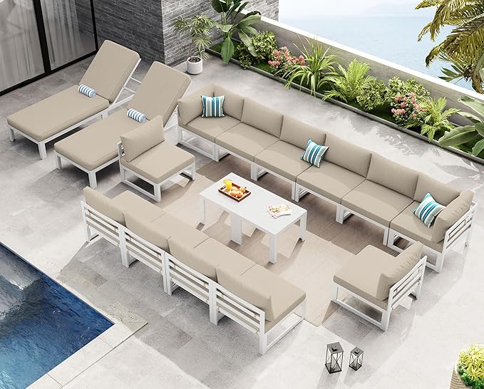 NICESOUL 14 People Large Luxury Aluminum Patio Conversation Set with Chaise & Side Table, 29" Deep Wide Modular Sectional Couch, 500 lbs Heavy Duty All Weather Outdoor Sofa for Poolside Deck, Beige