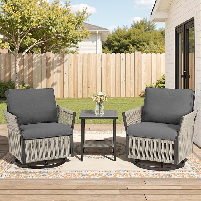 Patio Furniture Set Outdoor/Indoor, Wicker Patio Sofa, 3pcs Furniture Set with Swivel Rocker Chairs and Side Table for Backyard, Garden, Poolside(Grey)
