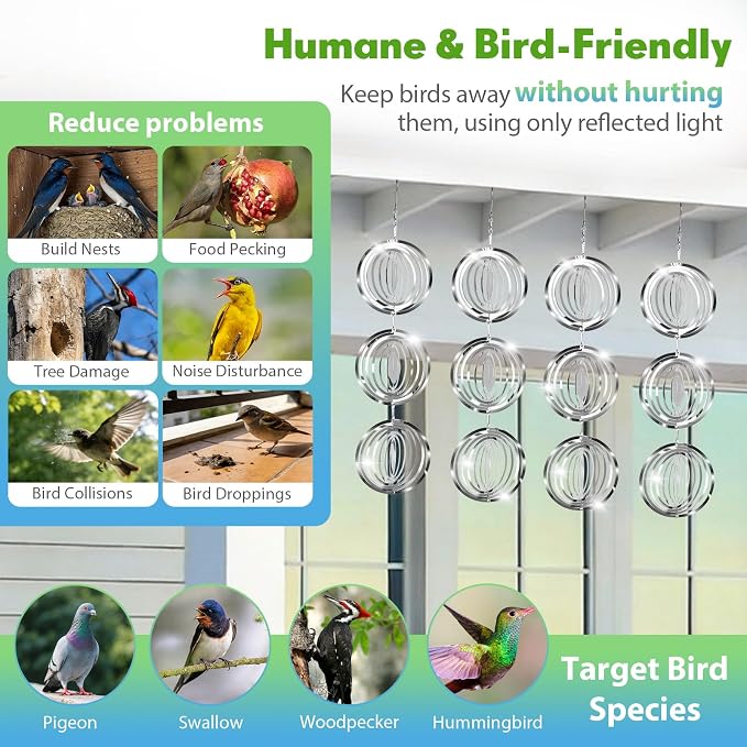 Bird Deterrents for Outside, 12 Discs Stainless Steel 3D Wind Spinners Garden Decor, 4 Sets Reflective Bird Scare Devices to Keep Woodpeckers, Pigeons Away from Patio, Balcony, Porch, Deck