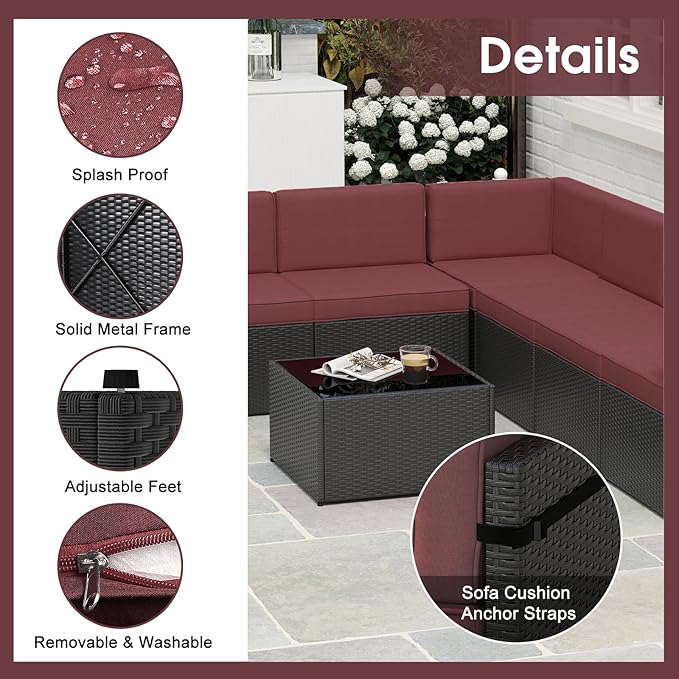 kinbor 7 Piece Outdoor Furniture Set - Waterproof Black PE Wicker Patio Sofa with Cushions for Backyard, Poolside & Porch, Burgundy