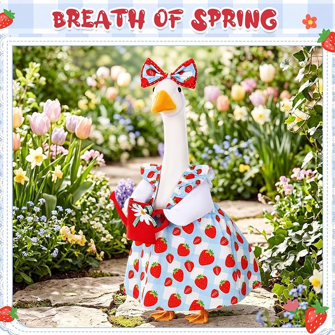 FuWeave Summer Strawberry Goose Outfit Flower Porch Goose Clothes for 23" Large Statue Outdoor Patio Yard Lawn Art Decoration