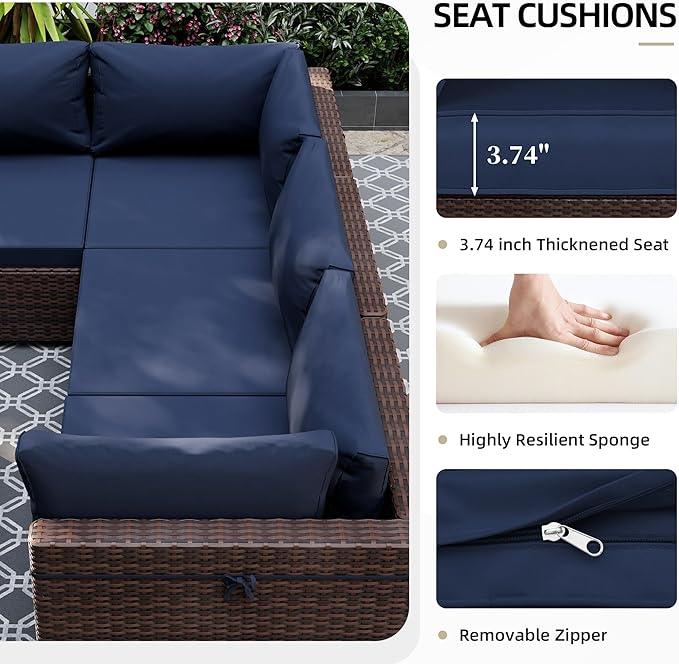UPHA 9 Pieces Patio Furniture Sets, Wicker Outdoor Sectional Sofa Couch with Coffee Table, Patio Conversation Set for Deck Backyard Garden, Brown Rattan, Navy Blue Cushion
