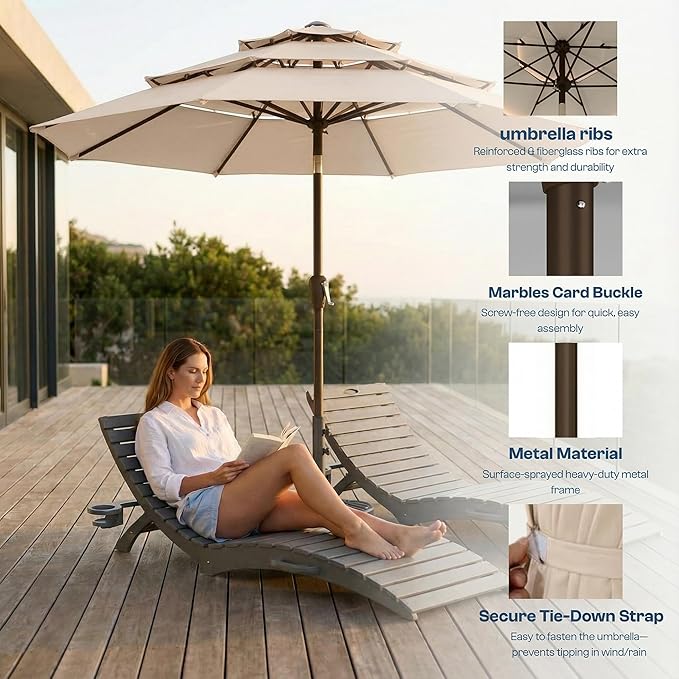 10ft Patio Umbrella, 3 Tier Outdoor Market Table Umbrellas with 8 Fiberglass Ribs and Push Button Tilt, Windproof, Vented Canopy, UV Protection for Deck, Pool, Backyard
