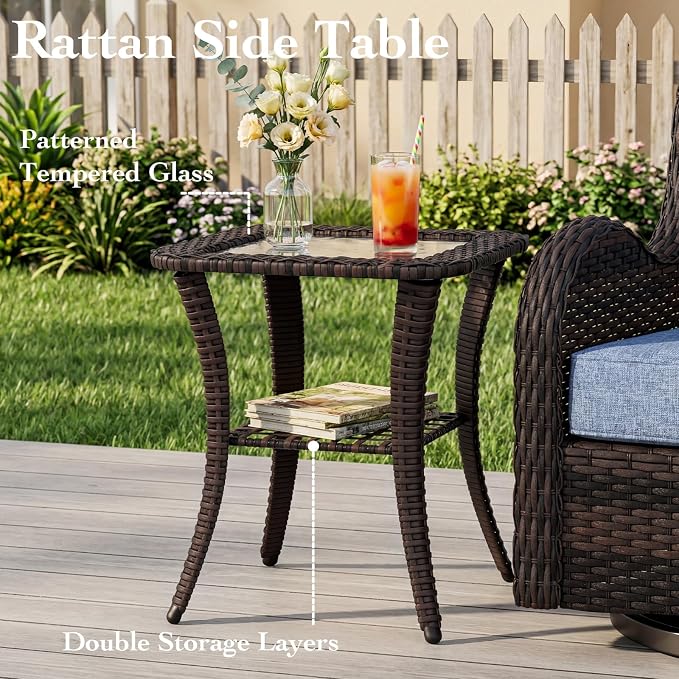 3 Pieces Outdoor Swivel Chairs Set of 2 with Rattan Side Table, Weather-Resistant Wicker High Back Swivel Rocker Chairs, Patio Conversation Set for Outside Porch Deck Garden,Blue