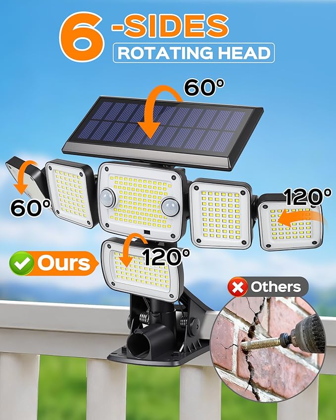 Solar Flood Lights Outdoor,6000LM 336 LEDs Dual Clip on Motion Sensor Lights with 360° Wide Angle &3 Modes, IP65 Waterproof Security Lights for Yard Patio Garage Garden,1Pack