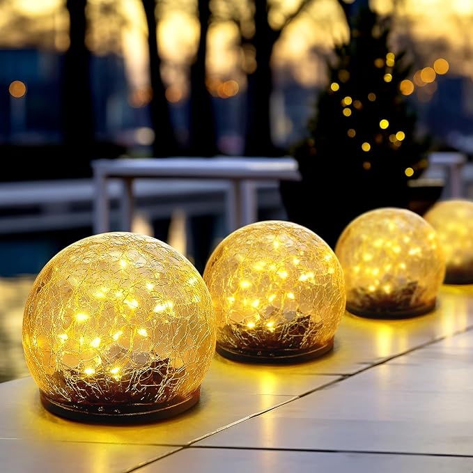 Honoson 3.9 Inch Solar Globe Lights Outdoor - Waterproof Cracked Glass Balls for Lawn Patio Yard Backyard Decorations, Warm White Solar LED Lights with Easy Installation,Durable Design (4 Pcs)