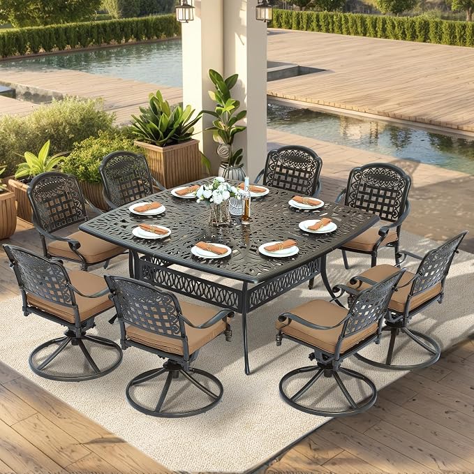 VIVIJASON 9-Piece Outdoor Dining Set, Cast Aluminum Patio Table & Chair Furniture Set for 8, Include Large 64" Square Dining Table, 4 Swivel Rocker Chairs, 4 Stationary Chairs, Umbrella Hole, Khaki