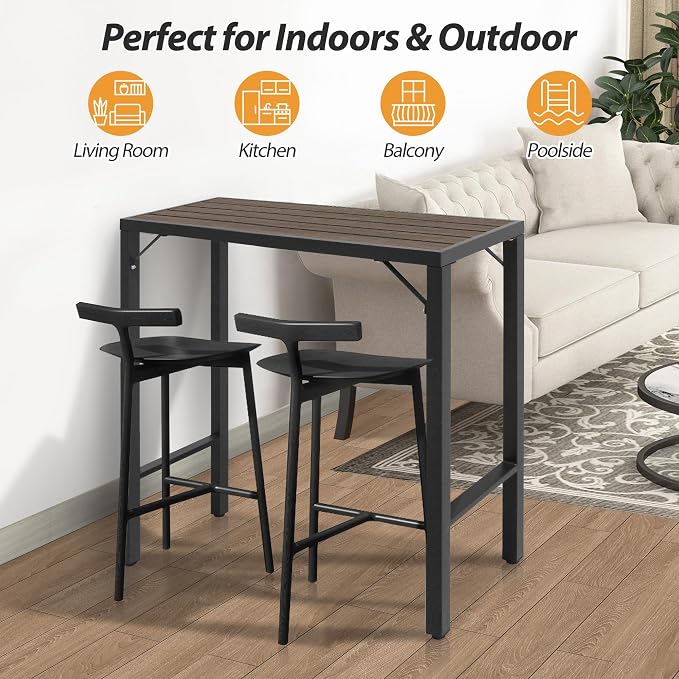 Outdoor Bar Table, 39” Patio Bar Height Table, Bar Counter Pub Dining Table with Waterproof Top for Balcony, Garden, Yard, Poolside (Brown)