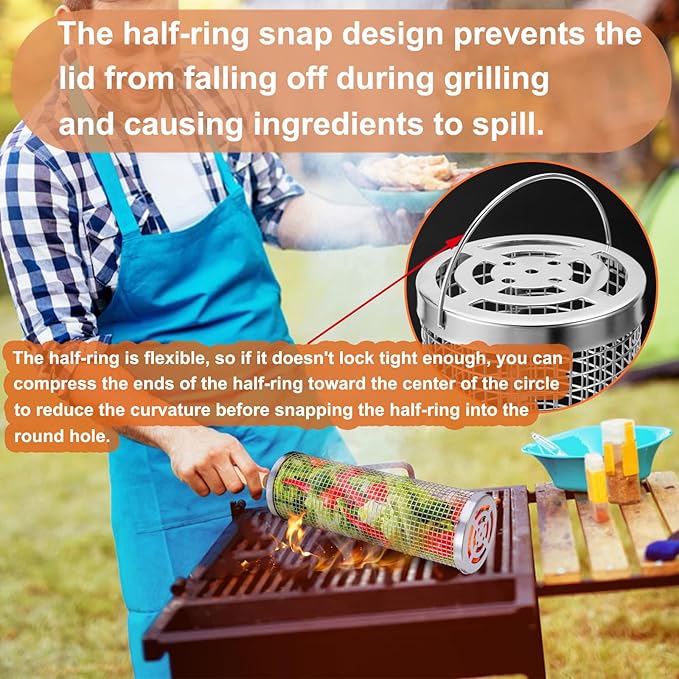 Nesting Grill Baskets (2 PCS), 304 Stainless Steel with Removable Wooden Handle, Rolling Grilling Net, BBQ Accessories Tools for Vegetables Shrimp, Outdoor Camping, Gifts for Men Dad and Husband