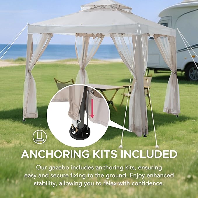 Sunjoy 8 x 8 ft. Soft Top Gazebo, Outdoor Patio Backyard Modern 2-Tier Steel Frame Gazebo with Mesh Netting - Beige & White