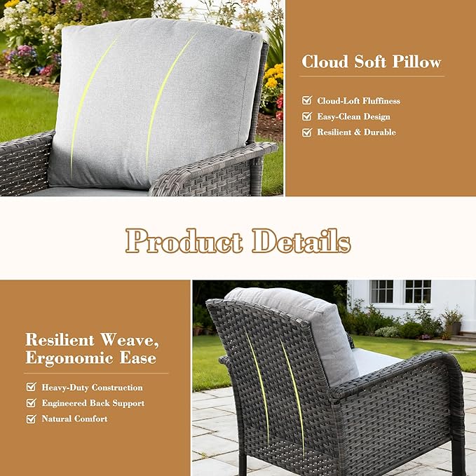 4 Pieces Patio Furniture Set, Small Outdoor Patio Set with Coffee Table, All-Weather Rattan Wicker High Back Conversation Set Loveseat with Chairs for Porch, Backyard, Balcony, Grey