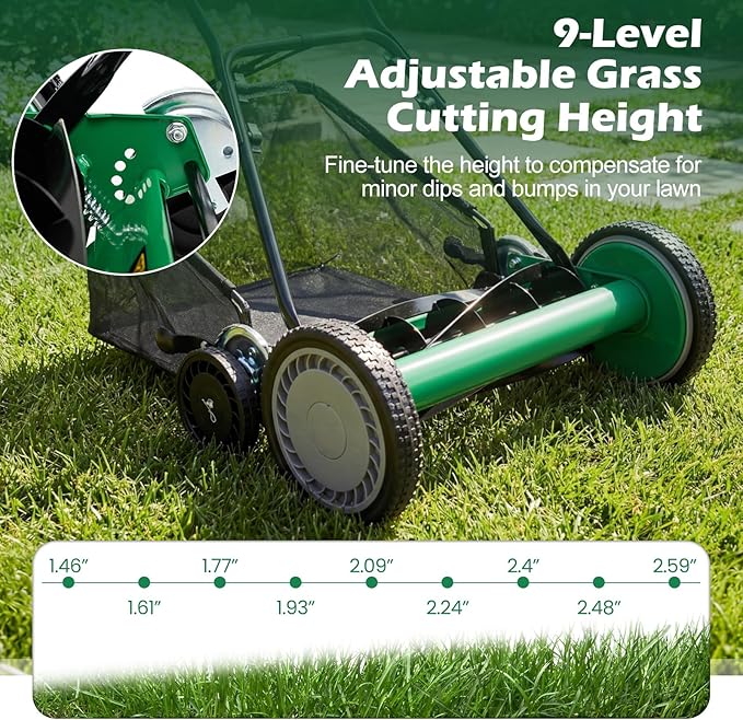 Push Reel Lawn Mower, Cordless 18" Manganese Steel Manual Grass Cutter with 5-Blade, Removable Grass Catcher, 9 Cutting Heights, Walk-Behind Lawn Mower for Garden Farm Yard (Green)