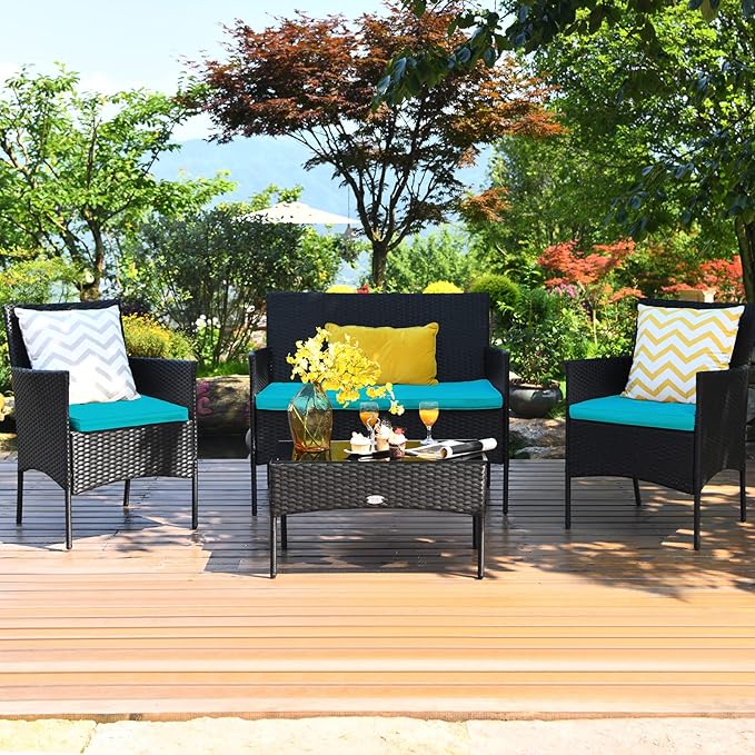 Tangkula 4 Piece Patio Furniture Set, Outdoor Wicker Conversation Set with Tempered Glass Coffee Table, Rattan Loveseat & Chairs Set with Seat Cushions for Backyard, Garden, Poolside (1, Turquoise)