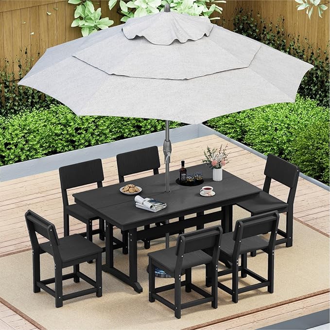 7-Piece HDPE Outdoor Patio Dining Set,Modern Plastic Dining Sets，Patio Table and Chairs Set with Umbrella Hole Cut-Out Table and 6 Chairs Black