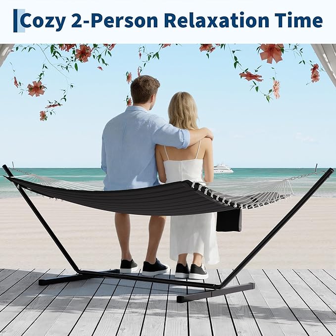 12 FT Double Quilted Fabric Hammock with Spreader Bar & Detachable Pillow, 450 LBS Capacity 2 Person Hammock, Indoor Outdoor for Patio Backyard Poolside Garden