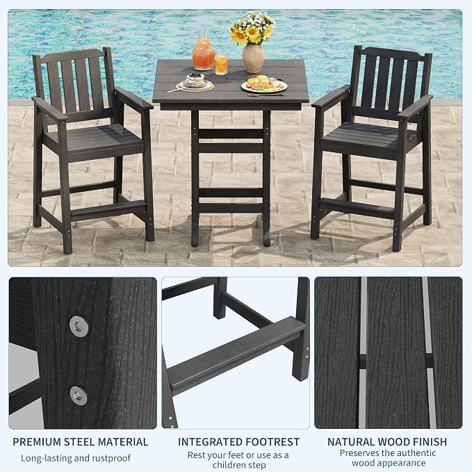 GAOMON Square Outdoor Bar Height Table, Patio Tall Side Bistro Table with Umbrella Hole, Weather Resistant High Top Dining Table for Backyard, Garden, Deck, Porch, Dark Gray
