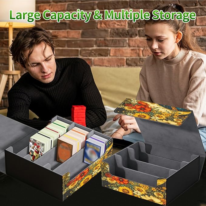 Card Deck Box for MTG, Cards Storage Box Fits 120+ Sleeved, Leather Big Size Strong Magnetic Closing Case for Board Games Magic TCG CCG Baseball Collection Women Man, Flower Big Moon