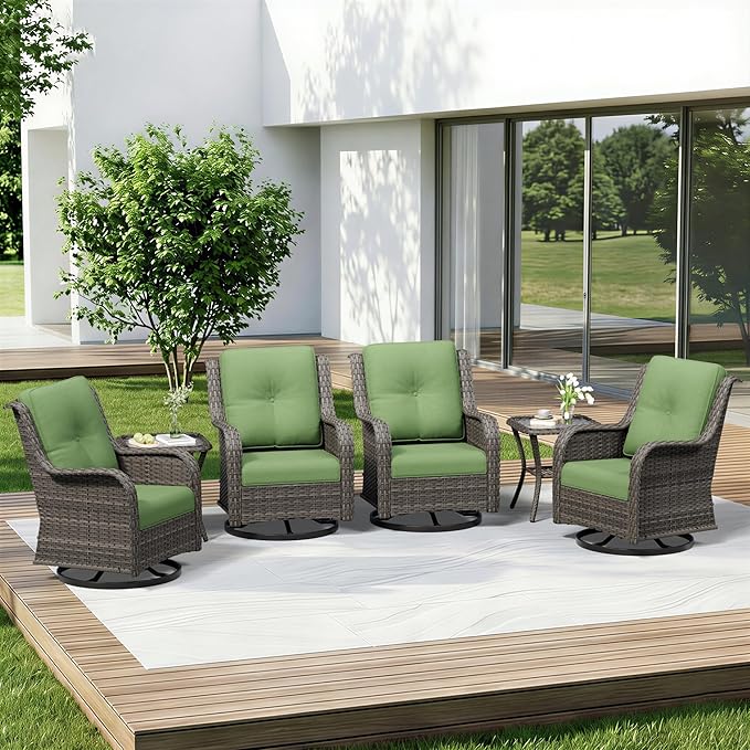 6 Piece Outdoor Wicker Patio Furniture Set, Outdoor Swivel Rocker Patio Chairs Set with Thickened Olefin Cushions, High Back and Deep Seating, Hand-Woven PE Rattan for Porch, Deck