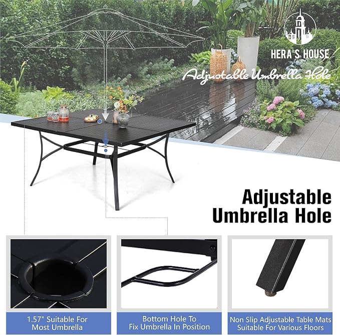 HERA'S HOUSE 9pc Outdoor Patio Dining Set for 8, Textilene Chairs, Red | 57.5" Square Metal Table with umbrella hole. Waterproof, rust-resistant, all-weather for backyard, porch