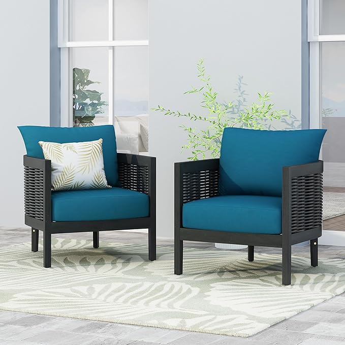 Merax Set of 2 Outdoor Acacia Wood Wicker Club Chair with Cushion,Patio Furniture Conversation Seat for Backyard Garden