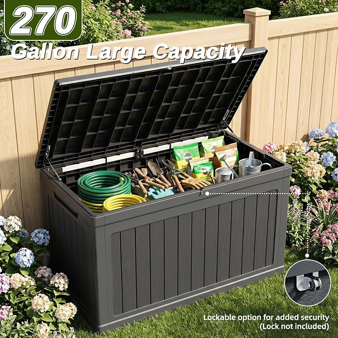 270 Gallon Deck Box, Extra Large Waterproof Outdoor Storage Box with Hydraulic Rod, Weatherproof Resin, Lockable Wood-grain Finish Container for Patio Furniture, Garden, Pool and Garage (Black)