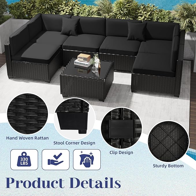 KIGOTY Patio Furniture Set,14 Pieces Modular Outdoor Sectional Sofa, PE Rattan Patio Conversation Set, All Weather Wicker Patio Furniture with Cushions and Coffee Table（Black/Black）