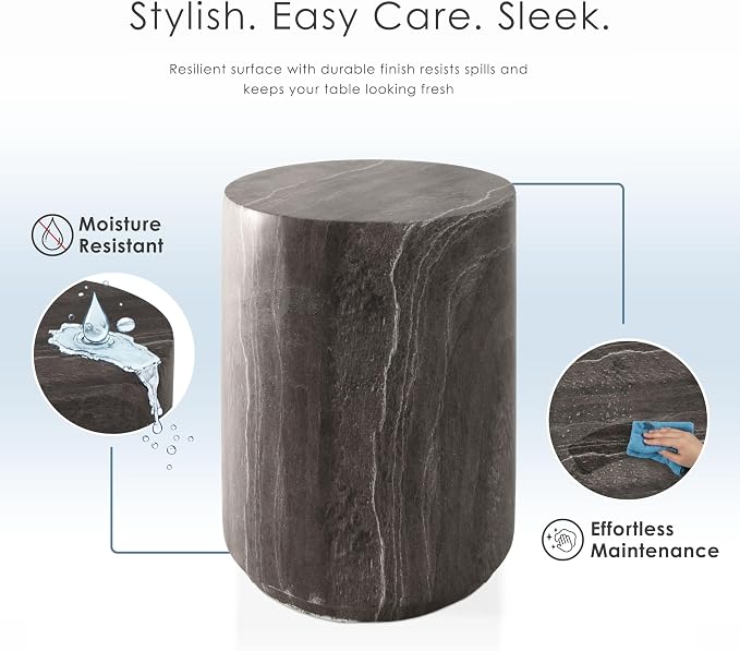 24/7 Shop at Home Ranera Modern 14-inch Natural Stone Side Table with Round Drum Base, Marble Nightstand, Patio End Table, for Living Room, Covered Outdoor Spaces, Balcony, Warm Gray Travertine