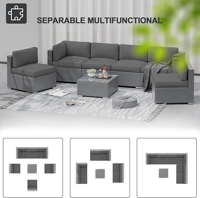 SUNCROWN Outdoor Patio Furniture Set 7 Piece Outdoor Sectional Sofa Grey Wicker Conversation Sofa Set with Cushions, Coffee Table, and Waterproof Cover, Dark Grey