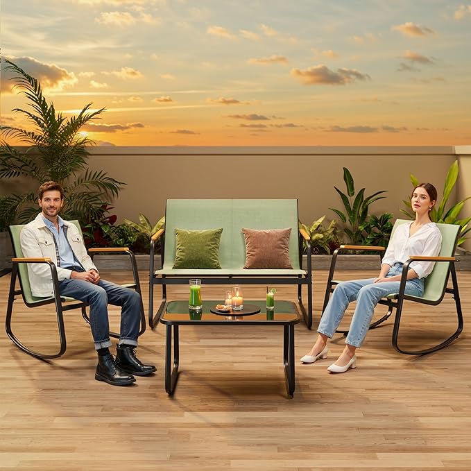 Ahomly 4-Piece Outdoor Patio Furniture Set, All Weather-Resistant Textile Fabric Outdoor Conversation Set with Coffee Table, Patio Rocking Chairs for Lawn, Balcony, Poolside (Green)
