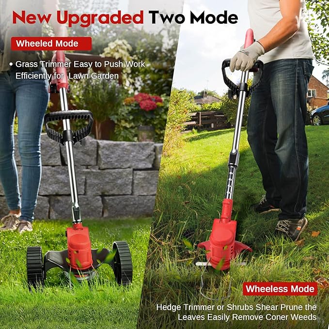 Cordless Weeder Mower Battery Powered 21V 2000mAh, Electric Weeder Brush Cutter, Height Adjustable Edge Trimmer mini Mower 3-in-1 Cutting Tool, 8 Blades, 1 Wheel, 2 Batteries, 1 Charger