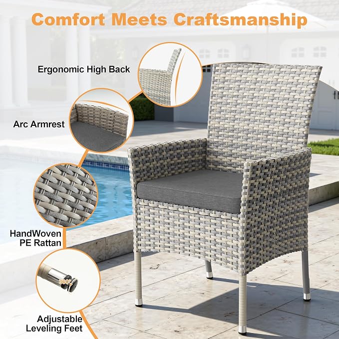 15-Piece Patio Dining Set, Patio Furniture Set with Square Tempered Glass Table & 12 Wicker Chairs, Expandable Design for Larger Groups, Outdoor Furniture for Backyard, Deck, Garden, Grey