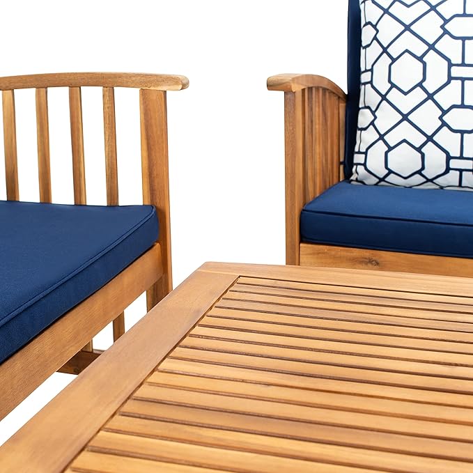 SAFAVIEH Outdoor Collection Rocklin Natural/ Navy Blue Cushions/ Geometric Pattern Pillows 4-Piece Conversation Patio Set