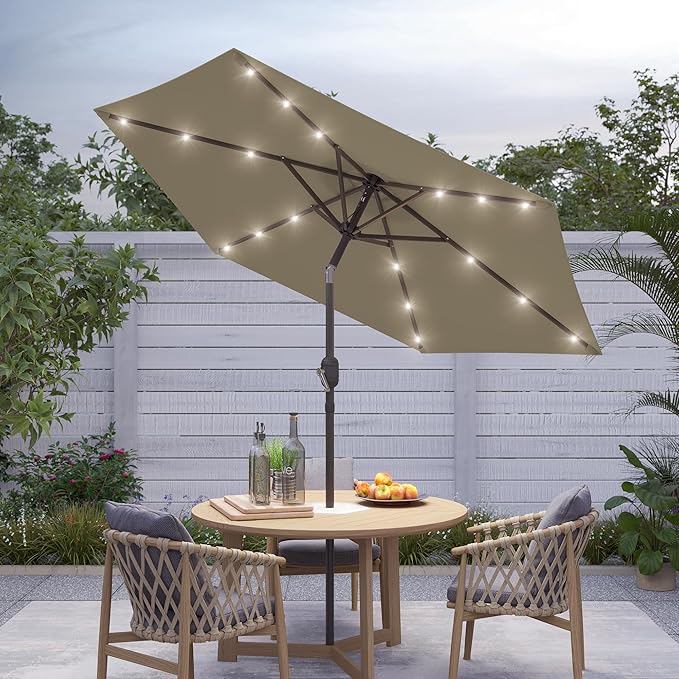 7.5ft Outdoor Umbrella Patio Umbrella with Solar Lights,18 LED Lighted Table Market Outdoor Umbrella, 2-Year-Non-Fading, for Pool, Deck, Garden,Backyard