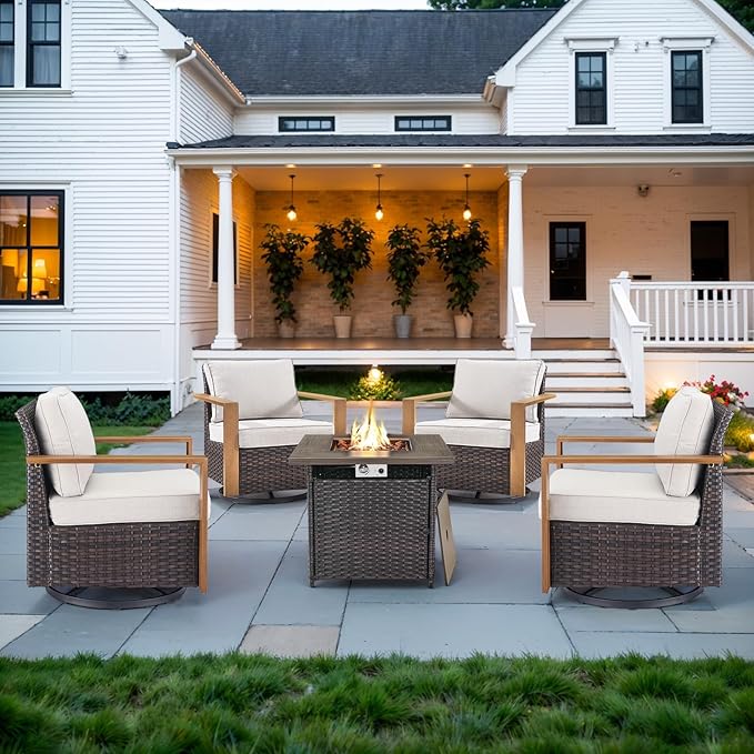 Belord Social 5 Pieces Patio Furniture Set - Swivel Rocker Glider Outdoor Chairs Set of 4 with 50000BTU Propane Fire Pit Table, Durable Wicker Outdoor Conversation Set for Casual Gathering