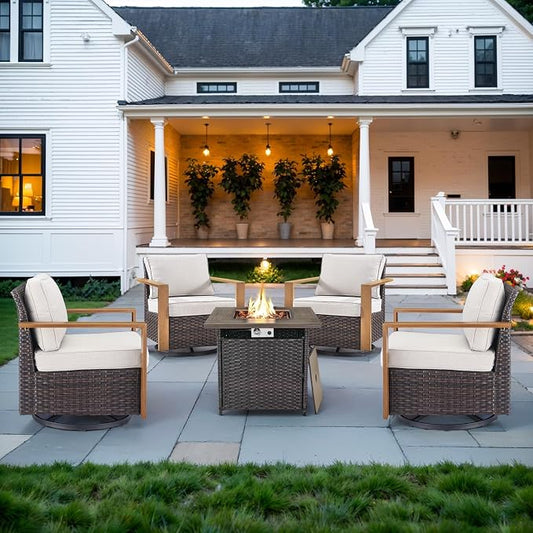 Belord Social 5 Pieces Patio Furniture Set - Swivel Rocker Glider Outdoor Chairs Set of 4 with 50000BTU Propane Fire Pit Table, Durable Wicker Outdoor Conversation Set for Casual Gathering