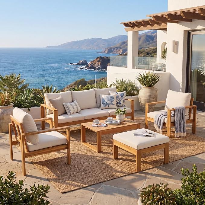 5-Piece Patio Furniture Set, Outdoor Conversation Set with Acacia Wood, Coffee Table and Ottoman, All-Weather Cushions for Backyard, Garden and Poolside(D-Beige)