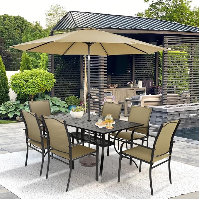 SUNCROWN 8 - Piece Outdoor Dining Set, Patio Furniture Set with 6 Textilene Dinning Chairs, 1 Rectangle Metal Table and 1 Brown 9Ft Patio Umbrella for Lawn Garden Backyard Deck, Brown