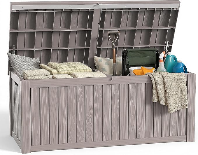 Deck Box Large Outdoor Storage for Patio Furniture,Outdoor Cushions,Garden Tools and Pool Supplies,Waterproof,Resin,Lockable (Grey, 180 Gallon)