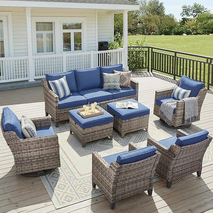 7 Piece Outdoor Patio Furniture Set-All Weather Outdoor Conversation Sets Sectional Sofa with Wicker Swivel Rocker Patio Chairs,Thick Cushions Ottomans for Porch Balcony Patio Deck Grey/Blue
