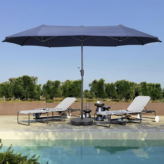 13 ft Patio Umbrella with Base, Large Rectangle Outdoor Umbrella with Matching Stand, Strap, Crank, Navy Blue