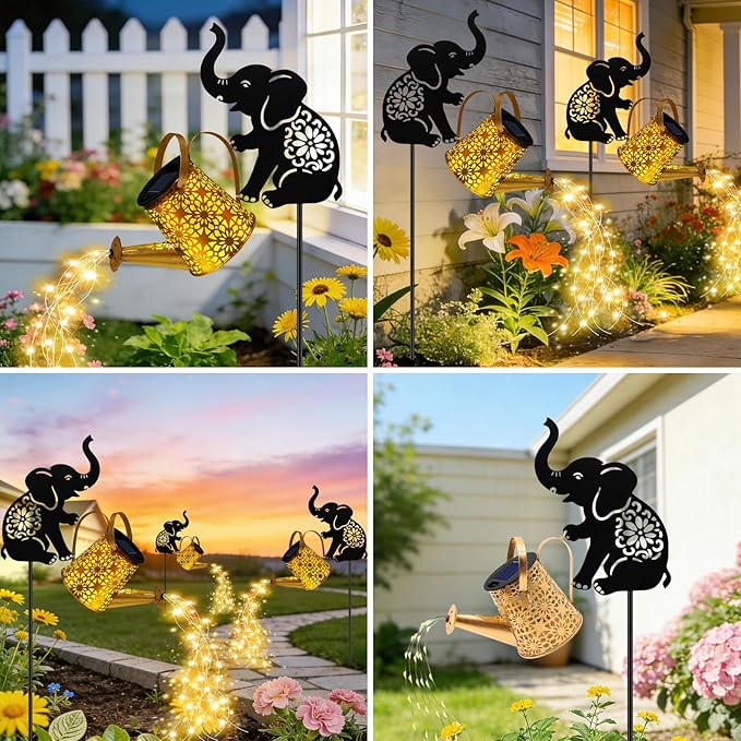 VOOKRY Solar Watering Can Lights Outdoor with Elephant Silhouette Stake, Garden Gifts for Mom, Women & Garden Lovers Waterproof Metal Garden Lantern, Decorative Yard Patio Lawn Pathway Decor(1 Pack)