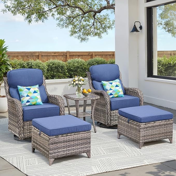 Luxury 5 Pieces Outdoor Patio Furniture Set-All Weather Wicker Outdoor Furniture with Swivel Rocker Patio Chairs 6-inch Extra Thick Cushions Wicker Conversation Set for Garden Porch(Grey/Blue)
