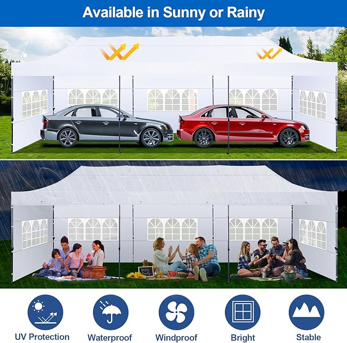 COBIZI 10x30 Pop up Canopy Tent 10x30 Canopy with 8 Sidewalls Waterproof Heavy Duty Commercial Canopy Tent for Parties Outdoor Garden Gazebo, Carry Bag with Wheel(10x30ft, White)