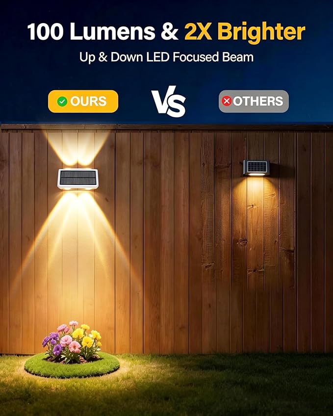 Solar Fence Lights Outdoor, 2 Pack 100LM Fence Lights Solar Powered, 9 Color Modes, Up and Down LED Focused Beam, 12H Dusk to Dawn Glow for Pool/Patio/Wall/Backyard - White