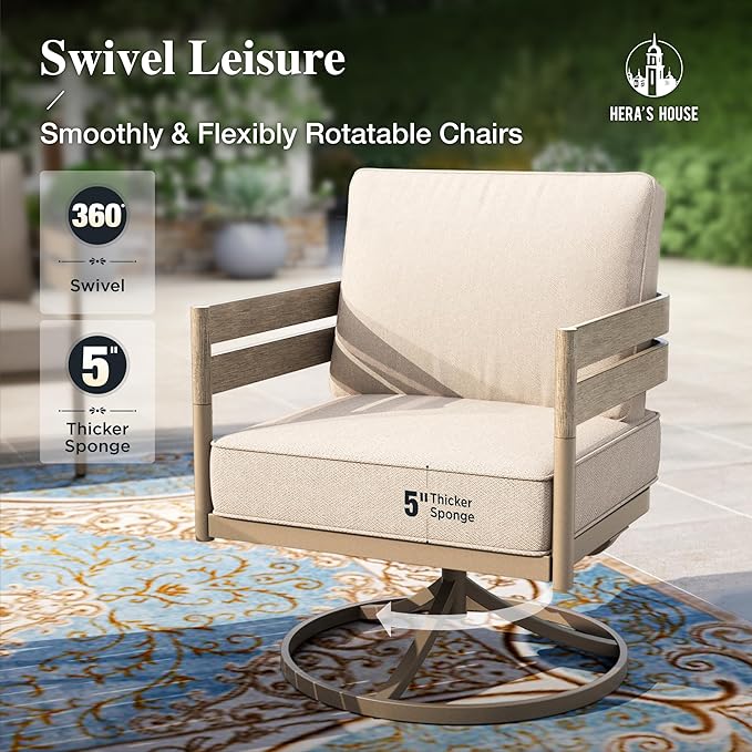HERA'S HOUSE 4 Pieces Patio Furniture Set, 1 x 3-Seat Outdoor Sofa, 2 x Swivel Armchairs,1 x Wood-Like Nesting Coffee Table, All Weather Patio Conversation Set with Ultra Thick Comfy Cushion