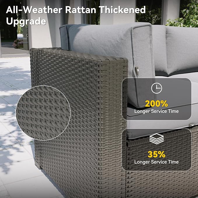 Aoxun Patio Furniture Set with Umbrella, 8 Piece Outdoor Sectional Sofas, Wicker Rattan Outdoor Furniture with Thickened Cushion for Backyard, Garden Light Grey