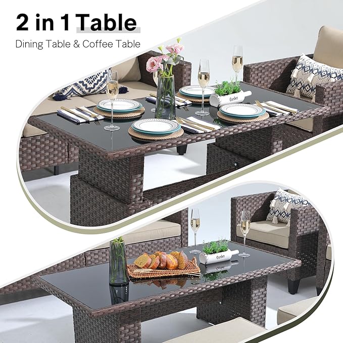 SUNSITT Outdoor Patio Furniture Set 5 Piece Wicker Conversation Set with Lift Coffee Table Sectional Dining Set 3 Seat Sofa Couch with Loveseat, Brown Wicker & Beige Cushion