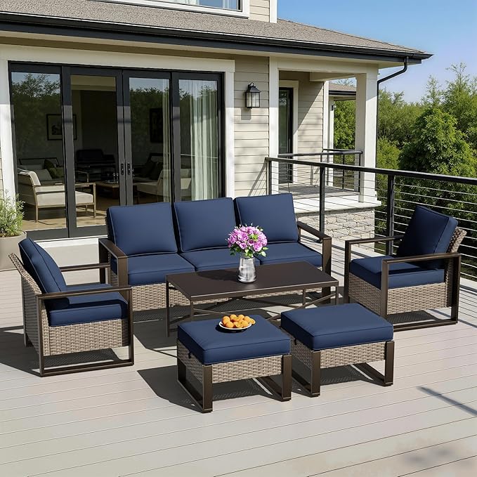 6 Pieces Metal Wicker Patio Furniture Set - 75" Sofa, 2 Armchairs and 2 Ottomans, 1 Coffee Table All Weather Rattan Outdoor Conversation Furniture with Washable Cushion for Deck Porch, Dark Blue