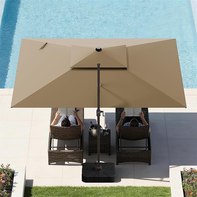 GENTEACO 9x12FT Cantilever Patio Umbrella with Base Included, Double Top Rectangle Offset Umbrella 7 Angle Tilts & 360° Rotation, Large Heavy Duty Outdoor Sun Umbrella for Pool Market, Tan