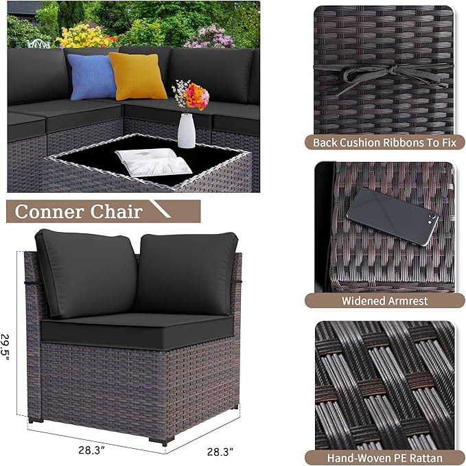 Patio Furniture Sectional Sofa Set 13PCS PE Rattan Patio Conversation Set w/43in Gas Fire Pit Table, Outdoor Furniture with 55000 BTU Propane Fire Pit, Black